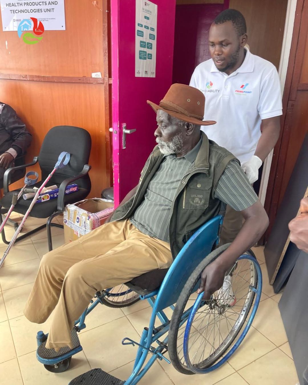 A patient being fitted with a mobility assistive device such as a wheelchair